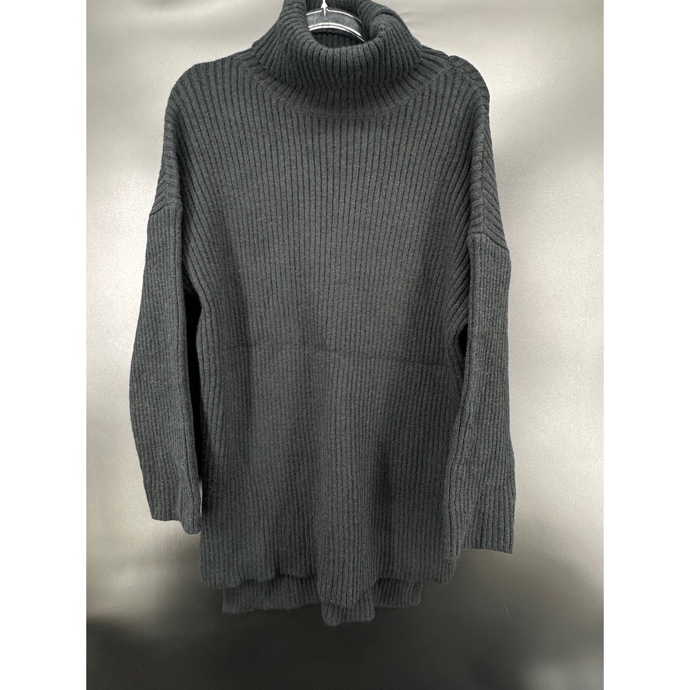 Drrita Womens Ribbed Turtleneck Sweater Black Drop Shoulder High Low Hem Size M